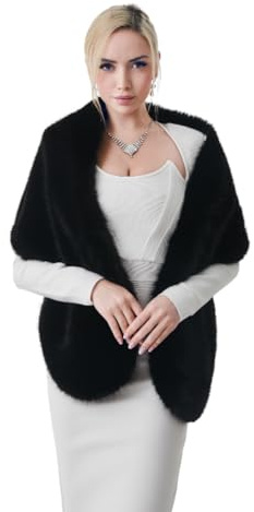 AMTFBY Women's Faux Fur Long Shawl Winter Warm Fur Wraps Cloak Coat Bridal Wedding Soft Scarf Collar Shawl Shrug for Evening Parrty Dress Black A