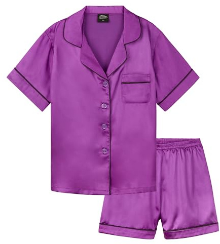 CityComfort Pyjamasset för flickor, kort modell, sidenpyjamas, med knappslå, 2-delat set, present till flickor, Lila, 7-8 År