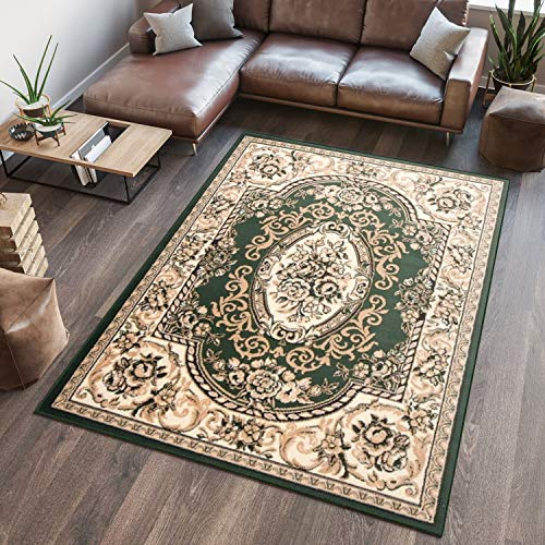 TAPISO Atlas Teppich Grün Beige Kurzflor Traditionell Orient Ornament Mäander Floral Design Bordüre Wohnzimmer Schlafzimmer ÖKOTEX 250 x 350 cm