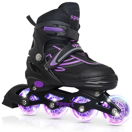 LOKJIJI Einstellbare Inline Skates für Kinder Mädchen Jungen Anfänger, Inline Skates mit Light Up Räder für Kinder und Jugendliche für drinnen draußen Sport Schwarz & Violett (Medium)