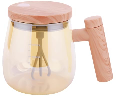 WIGUROE Self Stirring Mug, Electric High Speed Mixing Cup with Wooden Handle and Lid, Travel Self Stirring Coffee Mug Automatic Glass Mixing Cup for Coffee Milk Protein Powder