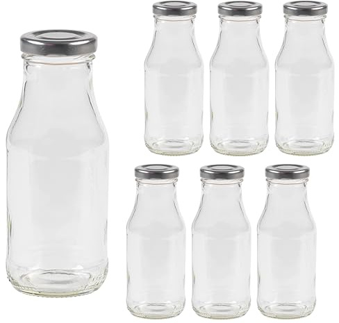 Vitrea 6 tomma glasflaskor, 263 ml, skruvlock, silver – mjölkflaskor, juiceflaskor, små flaskor att fylla med lock – för mjölk, juice, smoothies, olja – 6 stycken, TO43, juice