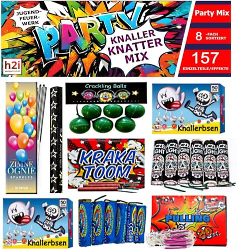 h2i Knatter Mix 1 F1 | 157‑teilig | 8‑Fach sortiertes Ganzjahresfeuerwerk | Knattereffekte, Bodenwirbel, Crackling & Wunderkerzen | m | CE‑zertifiziertes F1‑Set