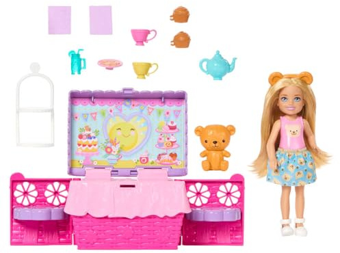 Barbie Family & Friends Club Chelsea Pop-Up Tea Party Playset with Blonde Small Doll, Transforming Picnic Basket & 10+ Accessories