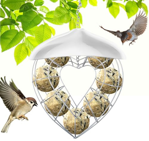 LEKEFETO Distributeur de nourriture pour oiseaux en forme de cœur : support de boule de graisse suspendu avec toit, distributeur de nourriture pour mésanges, colonne de boules de graisse, distributeur