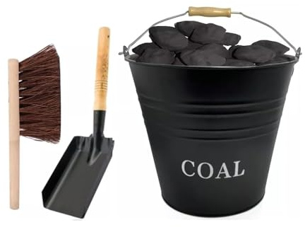 12L, Coal Bucket With, Brush & Shovel – Steel Coal Holder with Wooden Handle for Fireplace, Fire Pit, BBQ, Wood Burning Stove & Hearth – Bin Storage Container (Coal Bucket)
