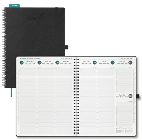 BEZEND Agenda 2026 2027 Semana Vista Vertical 21 x 28 cm, 18 Meses Agenda Escolar en Espiral de Jul.26 a Dic.27, A4 Planificador Semanal con Tapa Blanda Cuero PU - Negro