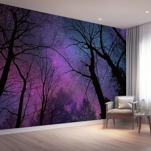 Papel tapiz fotográfico 250 x 175 cm paredes decoración de salón Diseño Fantasía para dormitorio sala de estar papel tapiz no tejido, Púrpura Cielo Estrellado Jungla