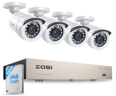 ZOSI 1080P Kit Cámaras de Vigilancia 4 Cámara Seguridad Cableada Interior/Exterior con 8CH 2MP DVR Sistema CCTV 500GB Disco Duro para Hogar y Negocio, Detección y Alarma de Personas, Visión Nocturna