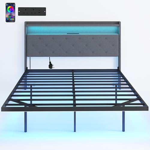 HOMCOM 4ft6 Double Bed Frame, Floating Bed Frame with Music Sync RGB LED Lights and Charging Station, Upholstered Headboard with Storage Shelves, No Box Spring Needed, Noise Free, Grey