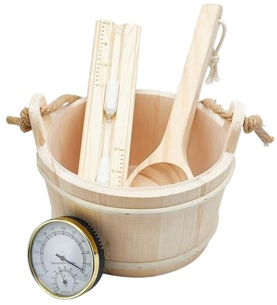 Sauna Accessories Set Includes Wood Bucket Long Handle Spoon Hourglasses Thermograph for Room Bathroom Enduring Wooden Barrels with Rope Handle Ladle Hourglasses