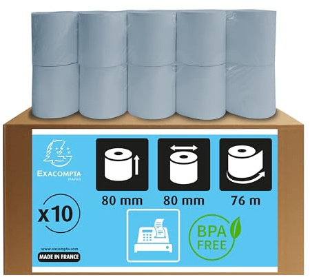Exacompta 43918E 10er Pack Recycling Thermorollen SafeContact Breite: 80mm, Länge 76m, Durchmesser Kern 12mm, 52g/m² Hitze-, Licht- und Feuchtigkeitsbeständig blaugrau für Kassen Kassenrolle