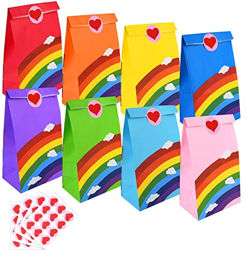 Flintronic Geschenktüten, 48 Stück Regenbogen Papier Partytüten, Papiertüten mit süßen Aufklebern Taschen Krafttüten für Kinder Party, Feiern, Baby Geburtstag, Halloween, Weihnachten,Christmas
