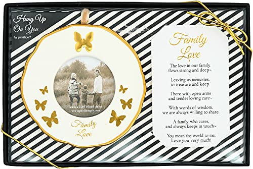 Pavilion - 4 Gold White Ornament Round 2.36 Photo Holder With Keepsake Card - Family Love - Gift Ready Packaged Set