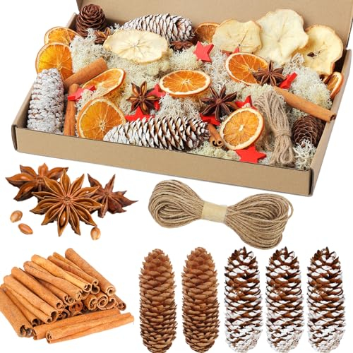 Decorazione Natalizia, Corona dell'Avvento, 46 Pezzi, Accessori per Corona dell'Avvento, fette di Arancia secche, fette di Mela, Bastoncini di Cannella, Pentagramma, pigne