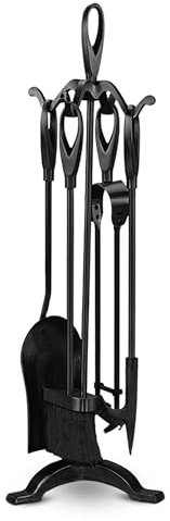 BLADO 5 Pc Black Fireside Companion Set–Durable Cast Iron Fireplace Accessories for Wood Burning Stove–Fire Poker Shovel Fire Brush–Complete Companion Sets for Log Burners – 5 Fireplace Tool Sets