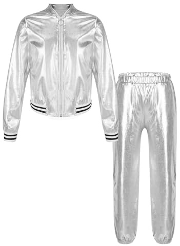 Freebily Tuta Sportiva Bambina Completo 2 Pezzi Costume da Ballo Moderno Lucido Giacca Jacket con Zip + Pantaloni Vita Alta Abito da Ballo di Strada Jazz Hip-Hop Streetwear Argento 11-12 anni