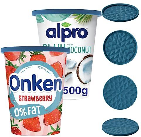 Wingcases Mehrweg Silikon große JoghurtDeckel 500g(4er-Set, Dunkelblau) Reversibel zu Untersetzern Design, Behalterdeckel passt für Joghurt, Joghurtbecher, Untersetzer für Gläser und Tassen