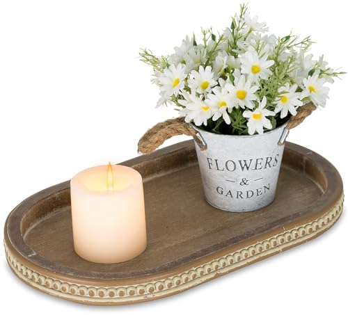 Hanobe - Bandeja Decorativa Vintage, Ovalada, de café, con Adorno de Cuentas, de Madera, decoración rústica para Centro de Mesa, para encimera de Cocina y hogar