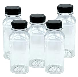 Pack de 5 botellas de plástico reutilizables de 250 ml | Creadas con material reciclable y com energías renovables | Ideales para zumos, agua | Con tapa a prueba de manipulaciones que se sella