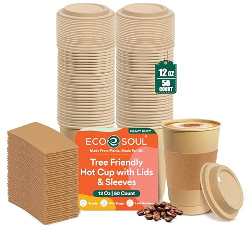 ECO SOUL 100 % komposterbara kaffekoppar med lock och ärmar – 12 oz (50 stycken) för att ta kaffe engångsbagasse-koppar |Robusta och miljövänliga koppar för kaféer, fest, kontor