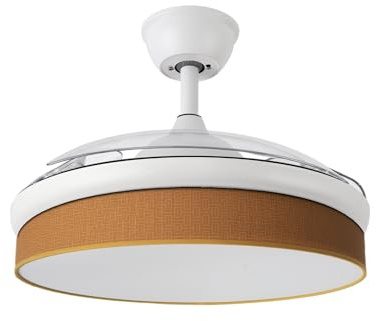 Abrila - Ventilador DC MODA | Color Blanco con tres Aspas Desplegables ABS y Difusor Naranja | 6 Velocidades Ajustables | 3 Temperaturas de Luz | con Temporizador y Mando a Distancia Incluido