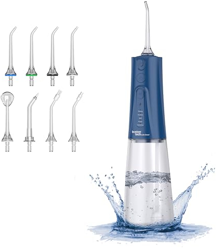 Irrigador Bucal Portátil Water Flosser | Aquapik® UltraCare Plus – 5 Modos Limpieza, Elimina Placa y Cuida Encías – 8 Boquillas, Depósito 300 ml, IPX7, USB-C (Azul)