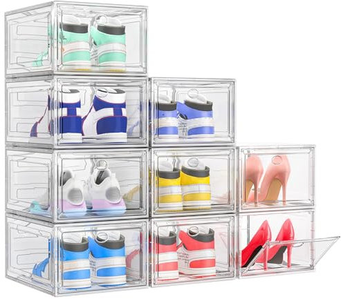 TidyTrove Scatole per Scarpe, 9 Pezzi Scatola Porta Scarpe in Plastica Trasparente Impilabile, Contenitori Organizer per Scarpe Pieghevoli e Robusti con Porta per donne e uomini, Bianco