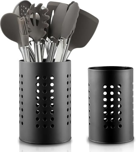 RONMOSNEA Küchenutensilienhalter Besteckkorb 2 Pcs Größe 16.5 x 10 cm und 18 x 12 cm Besteckhalter Edelstahl Schwarze Abtropfgestell Besteckständer für Arbeitsplatte Küche Besteck Sieb Bestecktrockner