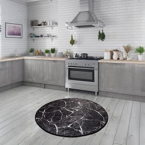 Bosdela Badezimmerteppiche Marble Black Round, Ø100 cm – rutschfest, Weich, Luxuriös, Marmor-Optik, Moderner Teppich für Badezimmer, Dusche, WC, Badvorleger