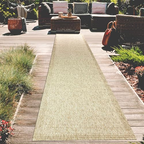 Teppich-Traum Teppich Wohnzimmer Outdoor Läufer Flur Garten Balkon Terrasse wetterfest strapazierfähig farbecht mit originellem unifabenen Muster in beige, 80 x 300 cm