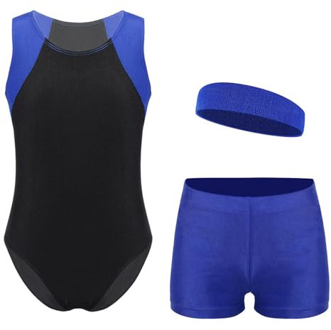 Alvivi Kinder Jungen Turnanzug Gymnastikanzug mit Shorts Haarband Ärmellos Ballettanzug Ballett Trikot Turn-Leotards Sport Body Yoga Training Sportwear Royal Blau 122-128