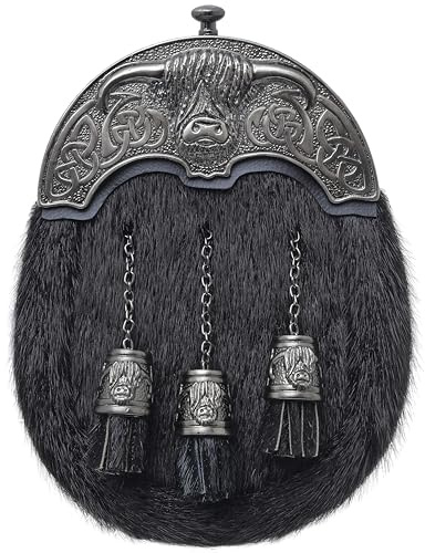 Elegante Kilt Sporran scozzese da uomo, in pelliccia nera Heilan Coo, con vanga in peltro antico e cintura a catena in pelle, accessorio artigianale tradizionale per kilt delle Highland, Nero , Taglia
