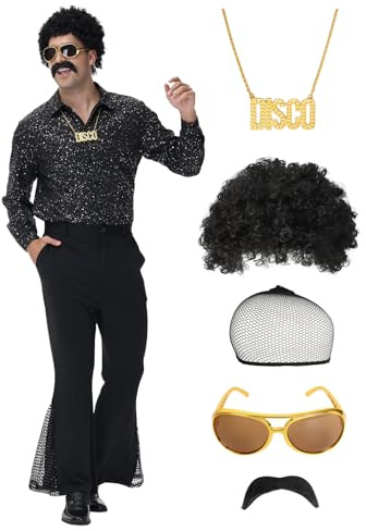 pewjury Costume disco des années 70 pour homme – 7 pièces tenue de fête rétro avec chemise pailletée, pantalon évasé, perruques, collier, moustache, lunettes de soleil, filet de perruque (noir - A, XL