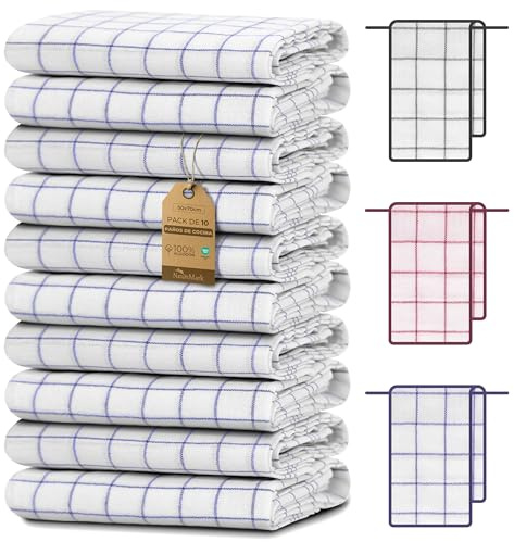 NatureMark Set de 10 paños de Cocina 50x70 cm – 100% algodón, absorbentes y Resistentes – Paños de Cocina para Uso doméstico y Profesional, Incluye E-Book, Color: Azul Real
