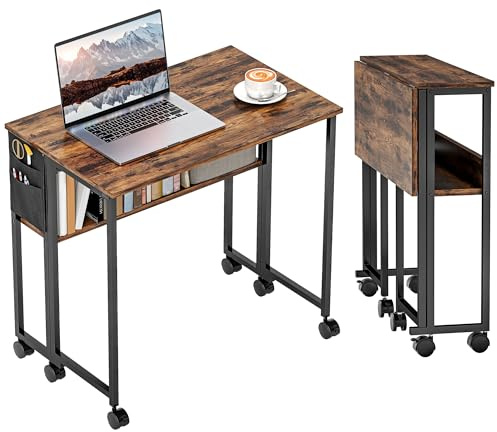 HOMCOM Folding Desk with Storage Shelf and Bag, 80 cm Foldable Computer Desk for Small Spaces, Space Saving Writing Table on Wheels for Home Office, Bedroom, Easy Assembly, Rustic Brown