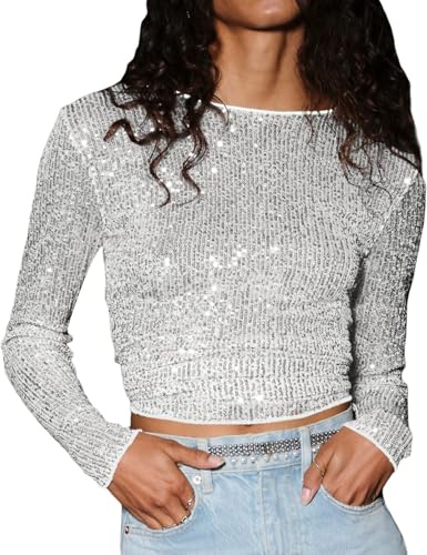 Siyova Top da donna a maniche lunghe con paillettes casual per feste luccicanti camicia abbellita slim fit basic top camicetta pullover club streetwear, Argento, S