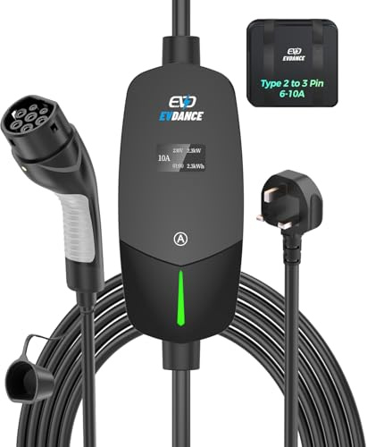 EVDANCE EV Charging Cable for Electric and Hybrid Vehicles, 6 Metres, 3 Pin UK Plug to Type 2 Car Charger, 10A Max, IP66 Protection Suitable for Home & Travel, Black