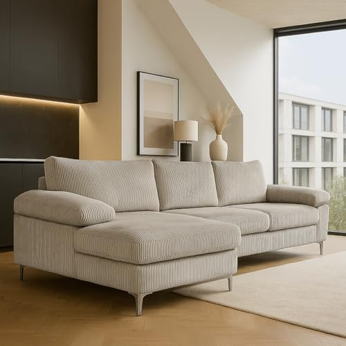 CONCEPT USINE | Canapé d’Angle 4-5 Places Galway Beige | Méridienne Gauche | Velours Côtelé Ultra Doux | Assise Profonde et Moelleuse | Pieds Métal | Confort Durable | Look Contemporain
