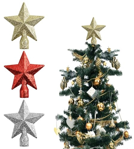 3 Piezas Pequeño Estrella Arbol de Navidad Dorado, Plateado, Rojo 10cm Mini Adorno Punta Arbol Navidad Ideal para Decorar Topper Árboles de Navideño Pequeños y El Hogar
