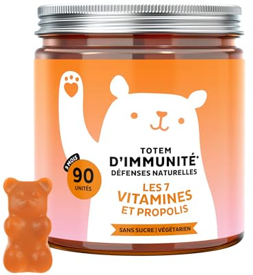 Totem d'Immunité Défenses Naturelles – avec Vitamine D, E, C, Vitamine B6, B12, Niacine, Biotine, Extrait de Propolis – 90 Pièces (3 Mois) – Végétariennes, Sans Sucre – Bears with Benefits