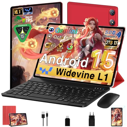 Android Tablet 10 Pulgadas 30GB RAM+64GB ROM (2TB/TF), Gemini AI, Octa-Core 2.0Ghz, 1080 * 800 FHD IPS, Standby Extra Largo, 5G WiFi, Widevine L1, 5MP + 13MP, Face ID, GMS, Tablet con teclado - Rojo