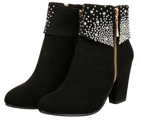 TOPPERFUN Botines Cortos de Tacón Grueso para Mujer Botas de Boda Negras con Diseño Chic y Suela de Goma Antideslizante para Otoño Invierno Cómodas y Duraderas para Fiestas y Eventos
