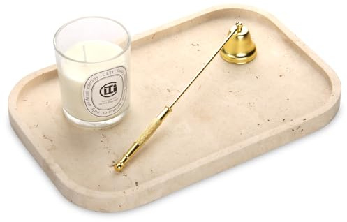 Bandeja Mármol para Baño, Bandeja Portaobjetos Moderno Decoraciones Vaciabolsillos Entrada Organización para Velas Cocina Tejidos Jabón Champú Cosméticos (Travertino, 30 x 20 x 1.8 cm)
