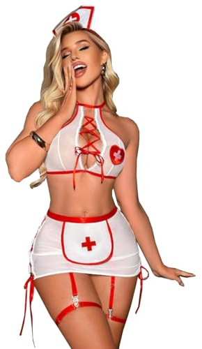 CHILIRIA Sexig sjuksköterska kostym för kvinnor tjänstefilder outfit cosplay underkläder set av nättopp och kjol med strumpband