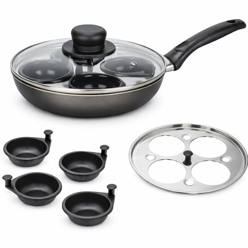 SK COOKWARE 4 Egg Poacher Pan Non Stick Poaching Pan 20cm, Aluminium with Glass Lid & Removable Cups, Saucepan for Gass Easy Clean Cooking