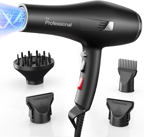 Secador de pelo profesional iones, Hair Dryer iónico con 1 difusor, 2 boquillas de peinado, 3 temperaturas, aire frío y caliente, secado rápido para todo tipo de cabello