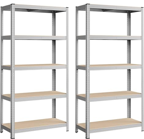 SONGMICS Schwerlastregal, 2er Set, Lagerregal, Kellerregal, 40 x 90 x 180 cm, bis 875 kg belastbar, 5 verstellbare Ablagen, Regal aus Metall, Steckregal, Werkstattregal, Keller, Silber GLR80SV