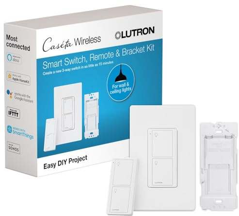 Lutron Caseta Smart Light Switch 3-Way Kit, with Pico Remote, Wallplate, Wall Bracket for LED Lights and Fans, On-Off Only, 5 Amp, Neutral Required, P-PKG1WS-WH