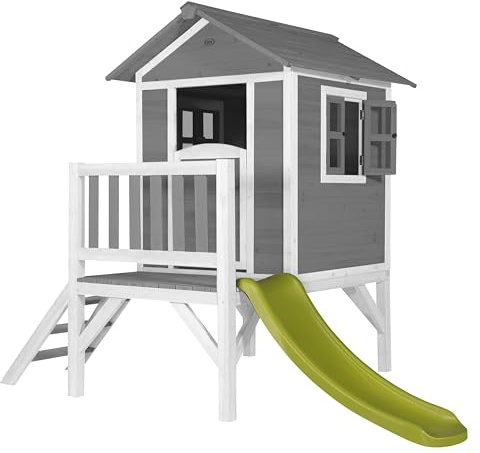 AXI Beach Lodge XL Casetta per giochi grigia con scivolo verde lime | Casa per bambini su palafitte con veranda in legno FSC | Parco giochi per il giardino